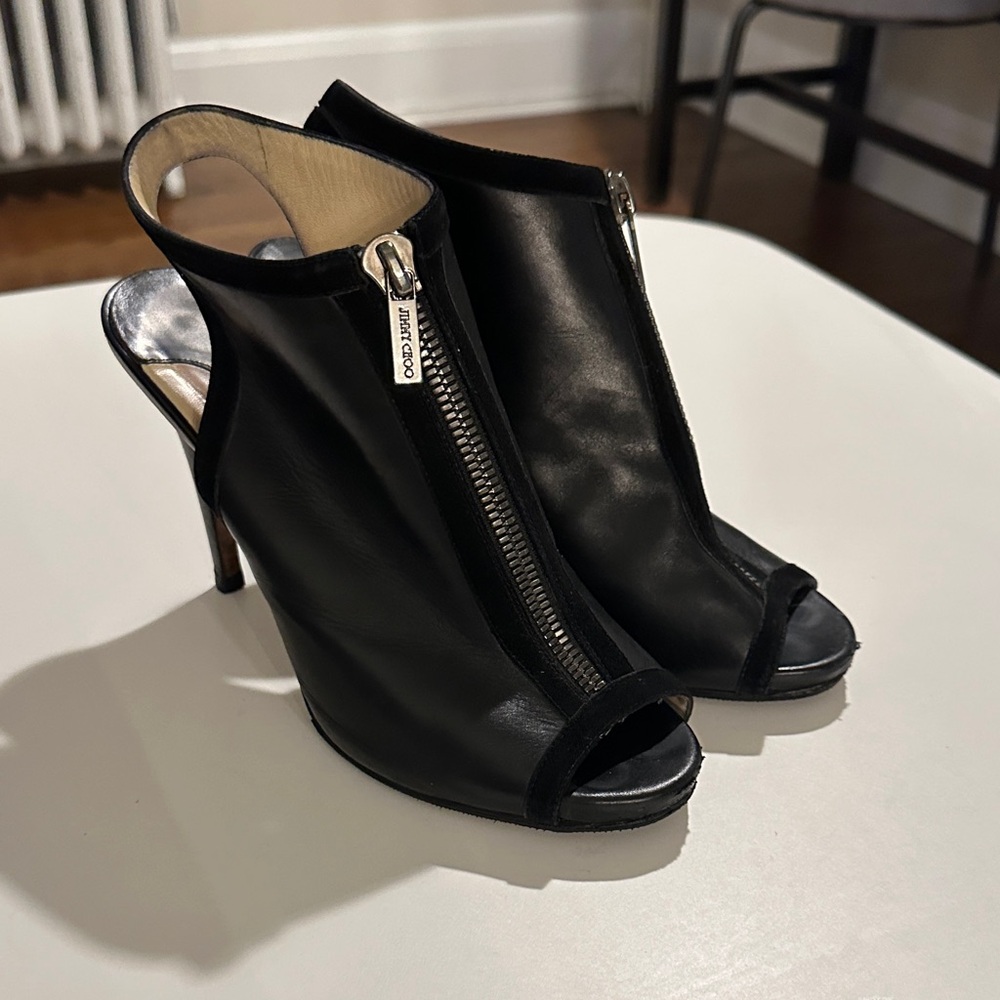 Jimmy Choo Black Open Toe Slingback Zip Leather Booties Heels size 40.5, US 9.5